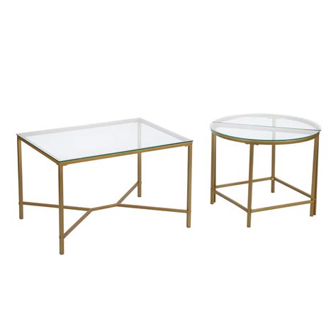 Homy Casa Glass Gold Coffee Table 2 Piece Table Set Round Glass