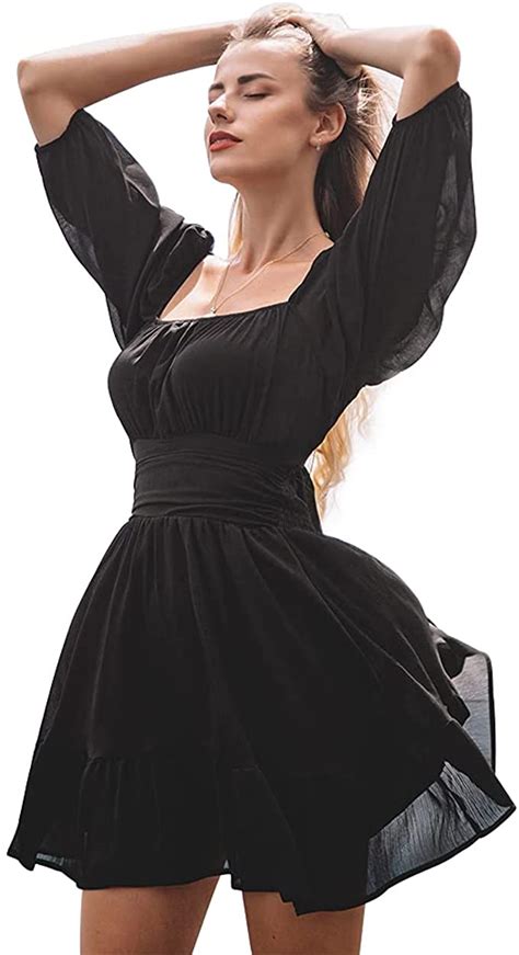 EXLURA Women S 2024 Lantern Sleeve Tie Back Casual Dresses Ruffled Off