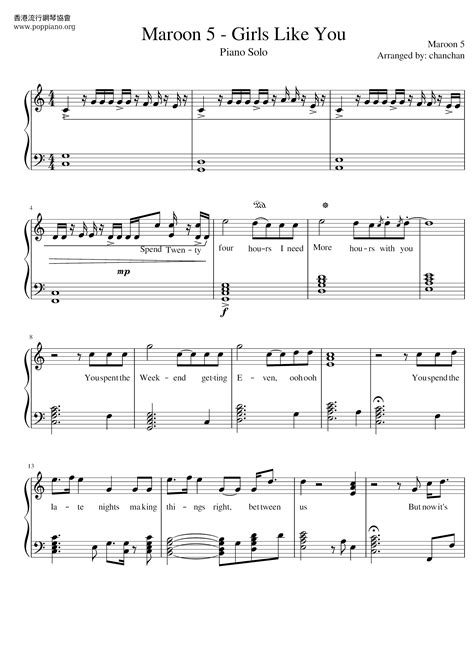 Maroon 5 Girls Like You Sheet Music Pdf Free Score Download ★