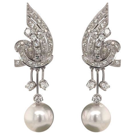 Vintage Diamond Pearl Drop Earrings 2 Carat Platinum For Sale at 1stDibs