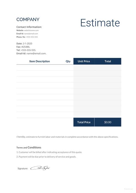 Ms Word Estimate Template