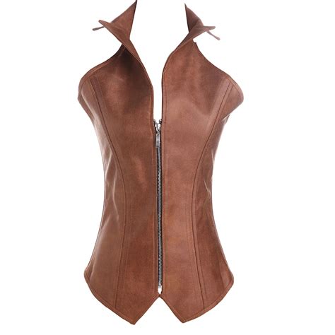 Sexy Faux Leather Corset Sexy Brown Zipper Steampunk Corset Overbust Lace Up Back Vest Corset