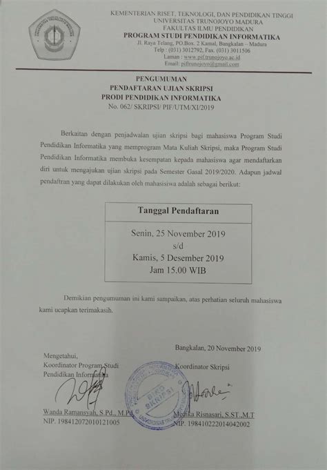 Pengumuman Ujian Skripsi Gasal 2019 2020 Pendidikan Informatika