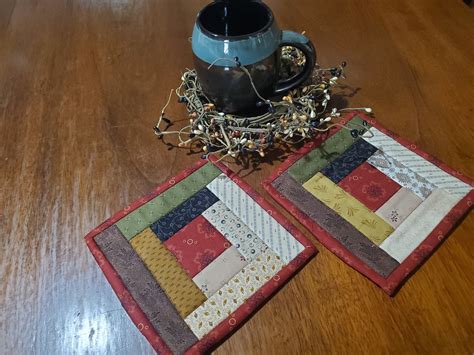 Log Cabin Mug Rugs Quilted Mug Handmade Country Mug Rugs By