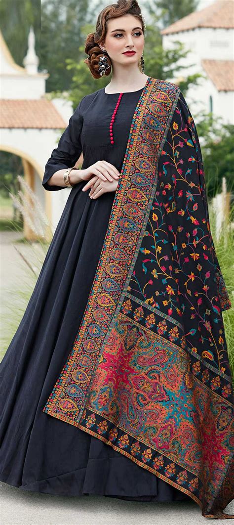 Engagement Festive Reception Black And Grey Color Silk Fabric Salwar Kameez 1617267