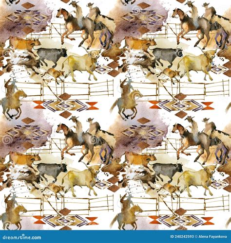 American Cowboy And Cows Seamless Pattern Running Horse Wild West