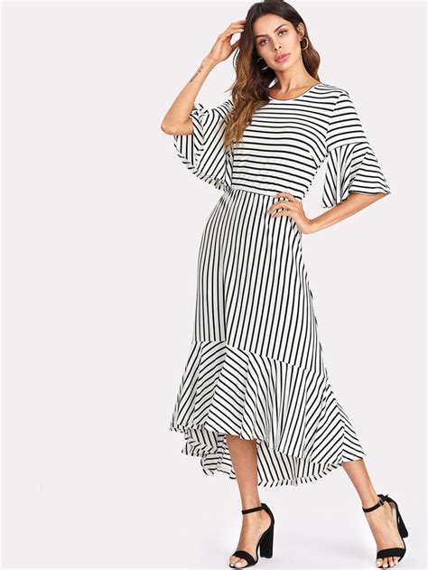 Flounce Sleeve Asymmetrical Ruffle Hem Striped Dress Shein Sheinside