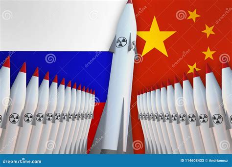 Nuclear Missiles Of Russia And China In A Row And Their Flags Stock