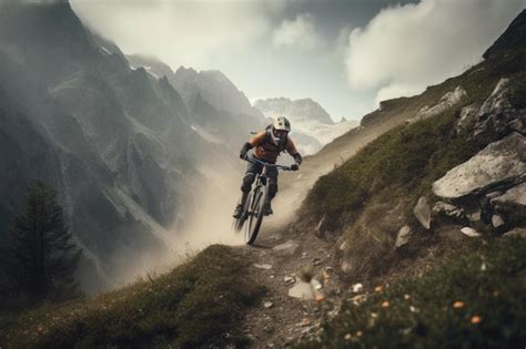 Premium Ai Image Extreme Mountain Biker Riding Down Steep And Rocky