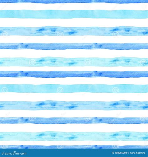 Watercolor Blue Stripe Seamless Pattern On White Background Bright