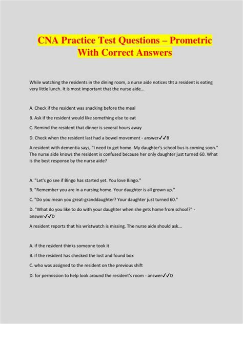 Cna Practice Test Questions Prometric With Correct Answers