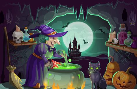 Halloween Witch With Potion And Cauldron Vector Art At Vecteezy