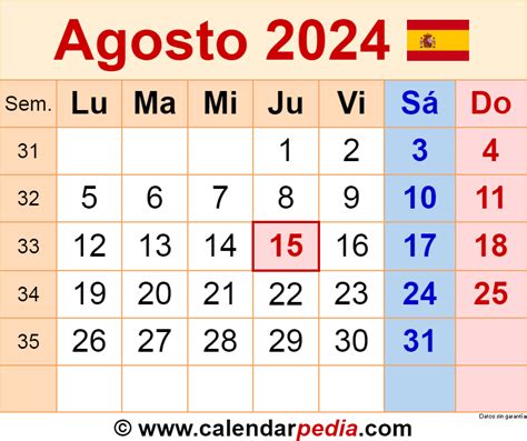 Calendario Agosto 2024 En Word Excel Y PDF Calendarpedia