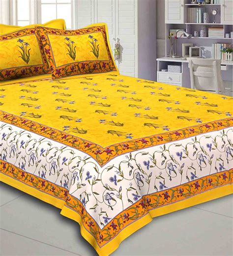 Buy Yellow Floral 240 Tc Cotton 1 Double Bedsheet With 2 Pillow Covers