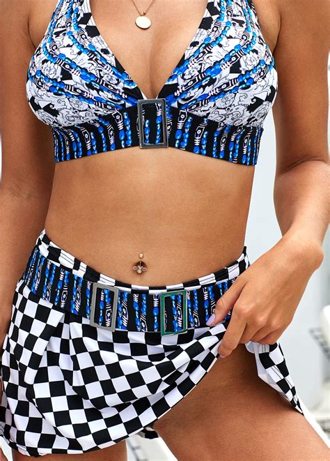 Checkered Print Halter Buckle Detail Bikini Set Modlily USD 35 98