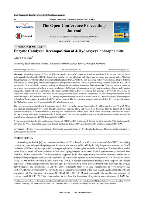 Pdf Enzyme Catalyzed Decomposition Of Hydroxycyclophosphamide