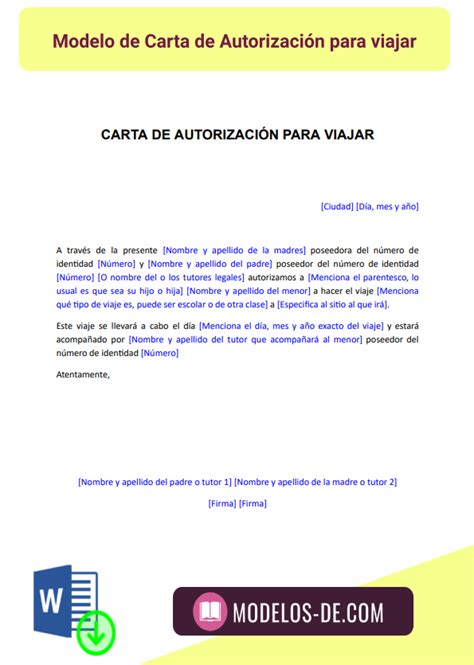 Modelo de Carta de Autorización para viajar en Word