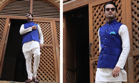 Blue Jamawar Waistcoat Hammad Khan Clothing