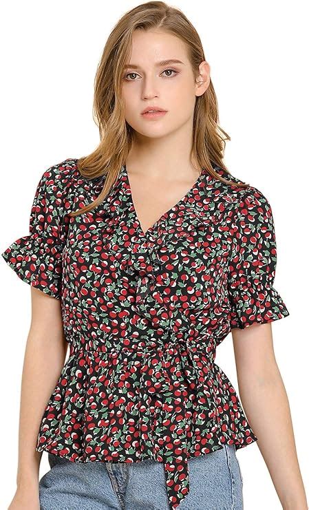 Allegra K Womens 2023 Peplum Tops Sweet Cherry Fruit Crossover V Neck Ruffle Wrap Blouse At