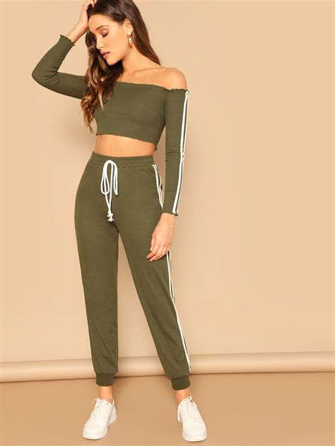 SHEIN Off Shoulder Lettuce Trim Crop Top Pants Tracksuit Sporty