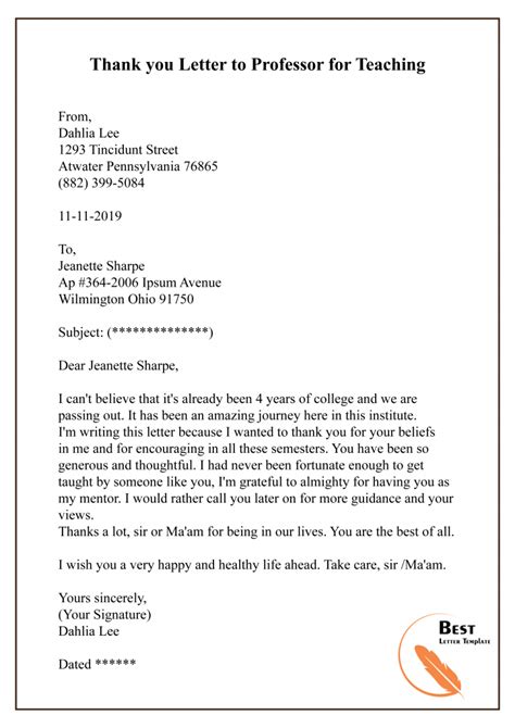 Sample Thank You Letter Template To Teacherprofessor