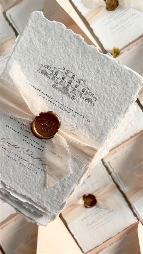 Handmade Paper Wedding Invitations Soft Peach Silk Ribbons And Golden