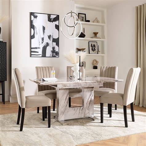 Florence Extending Dining Table And 6 Salisbury Chairs Grey Marble Effect Champagne Classic