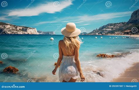 Mujer Con Un Vestido Blanco Y Un Sombrero Parado En La Playa Stock De