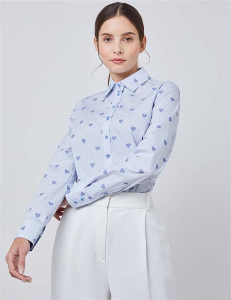 Womens Blue Dobby Hearts Semi Fitted Shirt Single Cuff Hawes And Curtis