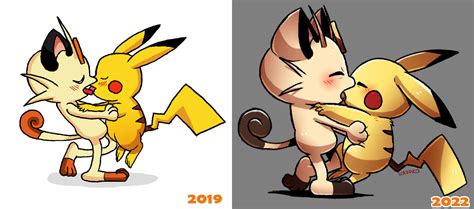 Meowth X Pikachu Kiss Redo By Kazoko On Itaku