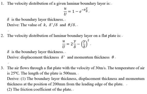 Solved The Velocity Distribution Of A Given Laminar Chegg