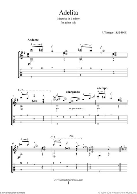 Free Sheet Music Tárrega Francisco Mazurka Adelita Guitar Solo