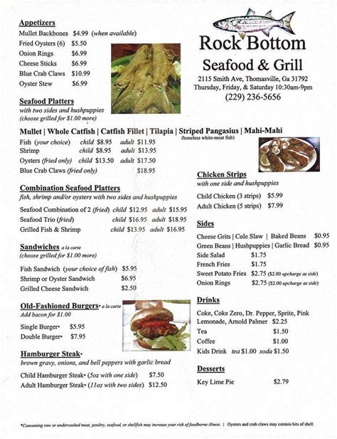 Menu At Rock Bottom Seafood And Grill Restaurant Thomasville