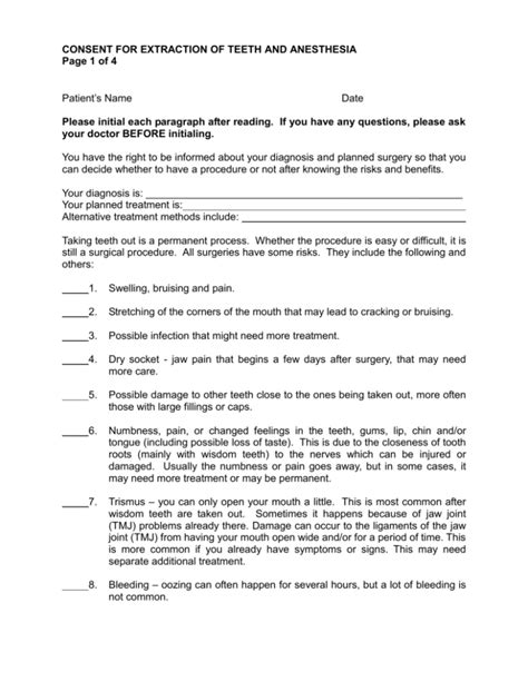 Printable Dental Extraction Consent Form