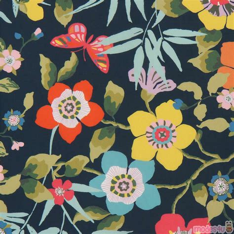 Tana Lawn Big Colorful Flower Vine Cotton Fabric In Navy Blue By