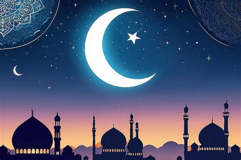 Premium Photo Ramadan Card With Mosques Domecrescent Moon On Blue Sky