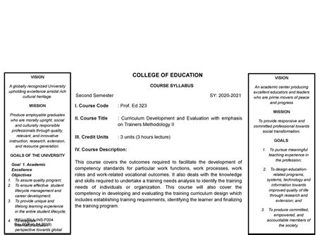 Syllabus Curriculum Development And Evaluation With Emphasis On