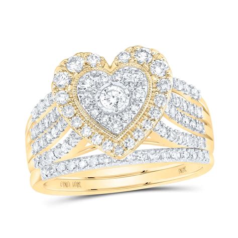 10kt Yellow Gold Round Diamond Heart Bridal Wedding Ring Band Set 1