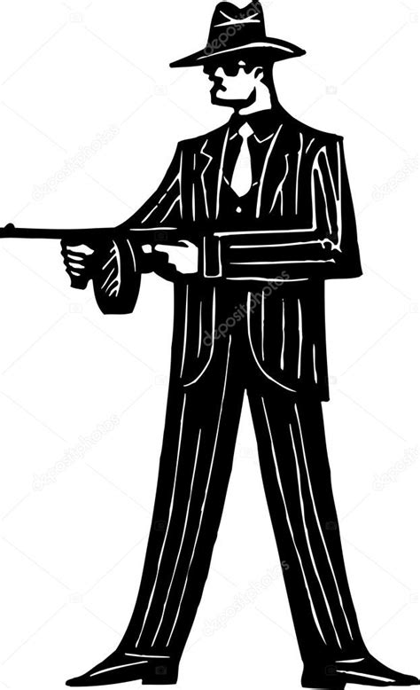 Woodcut Illustration Of 1920s Gangster With Machine Gun Stock Vector