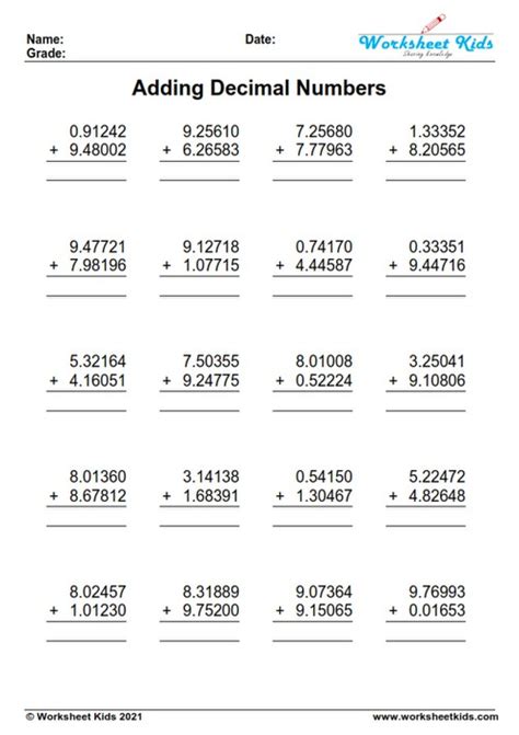 Decimal Addition Worksheets For Grades Free Printable Pdf