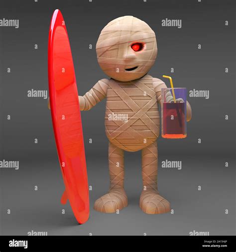 Egyptian Halloween 3d Cartoon Mummy Monster Holding A Surfboard And Drink 3d Illustration