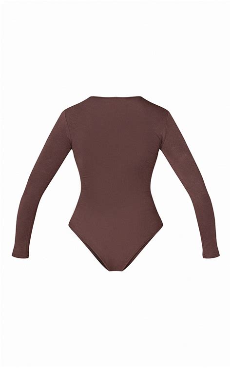 Chocolate Basic Crew Neck Long Sleeve Bodysuit Tops