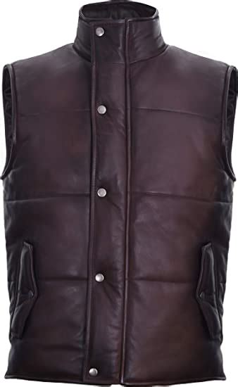 Mens Puffer Leather Vest In Maroon