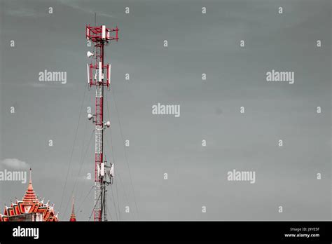 Communication Tower On Blue Sky Background Stock Photo Alamy
