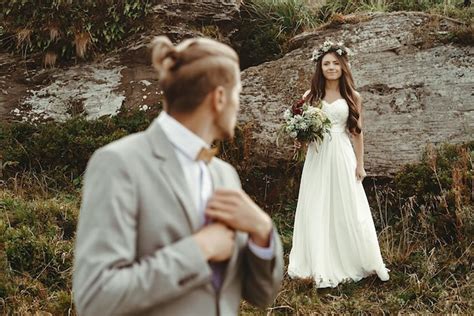 Premium Photo Gorgeous Bride And Stylish Groom Looking At Each Other