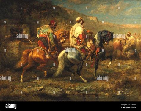 Arab Horsemen At Watering Hole By Christian Adolf Schreyer Stock