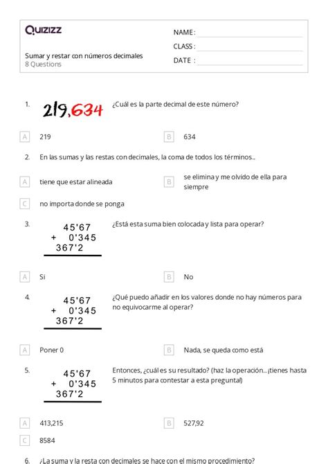 Suma Hojas De Trabajo Para Grado En Quizizz Gratis E Imprimible