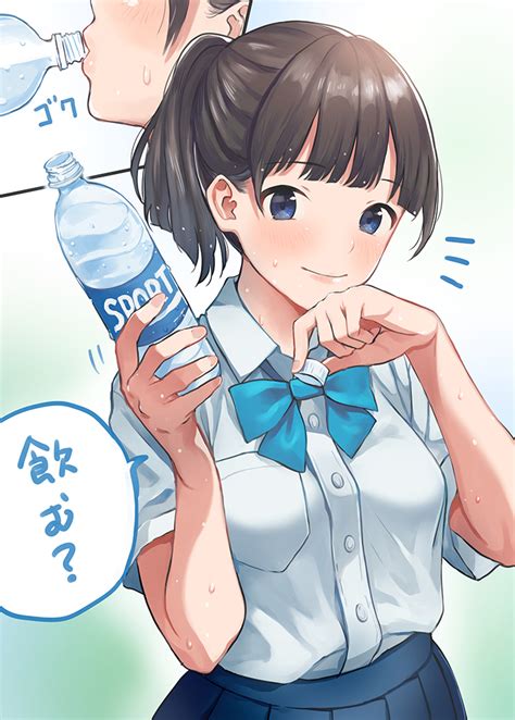 Safebooru 1girl Blue Eyes Bottle Brown Hair Doushimasho Drinking