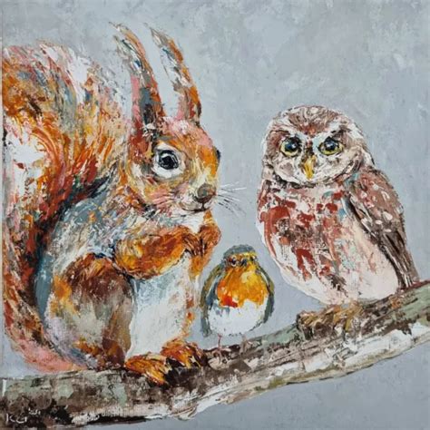 PANNEAU DE PEINTURE original écureuil hibou et rubis huile sur toile