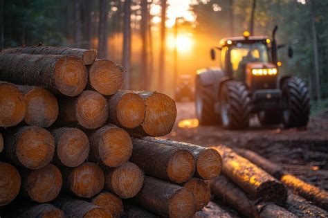 tractor carrying wood logs  sunset   forest harvesting operation